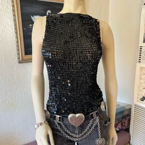 Black Sequin Sleeveless Tank Top by
